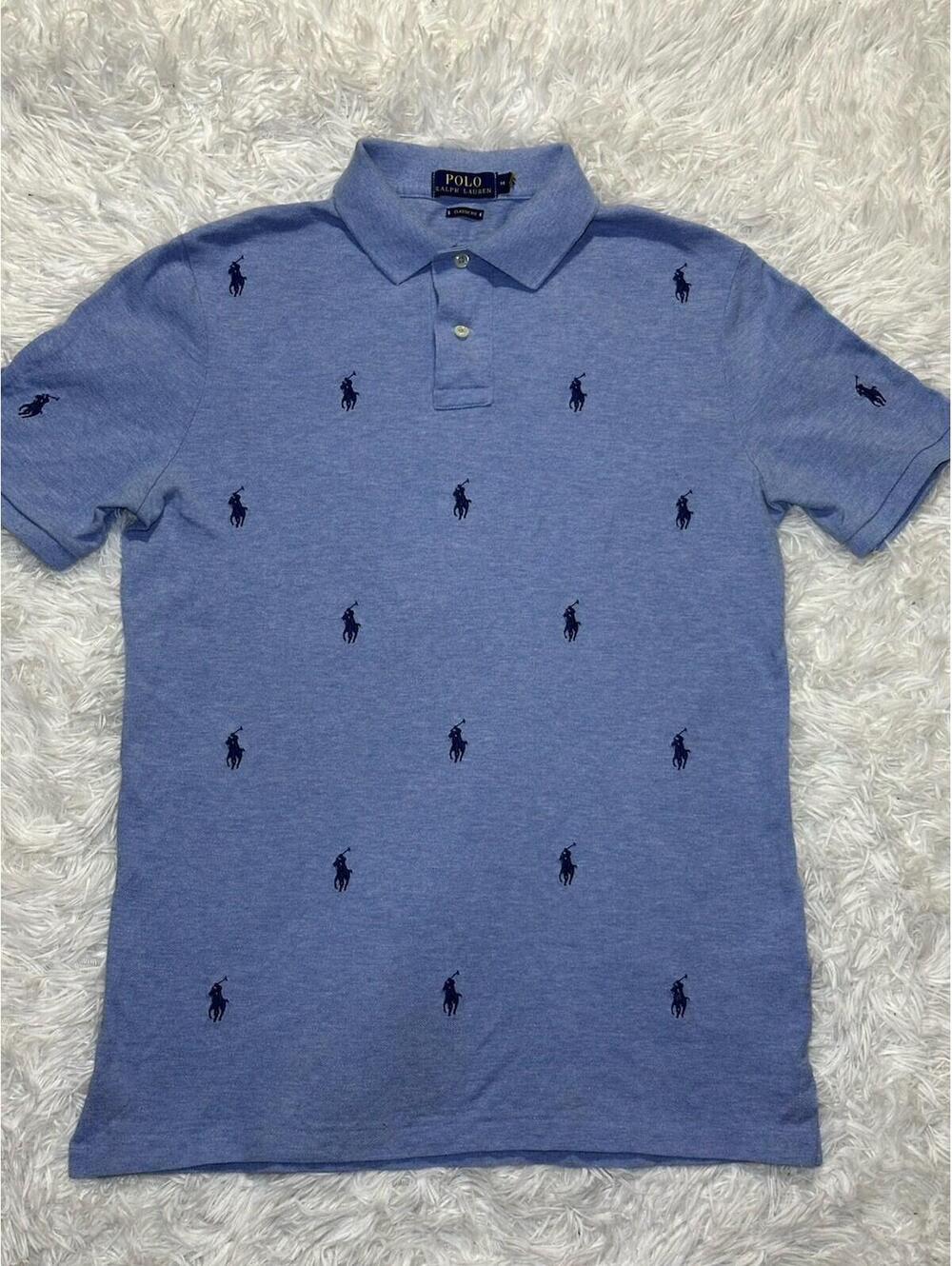 Polo Ralph Lauren Men's M Blue All Over Pony Logo Embroidered Polo Shirt